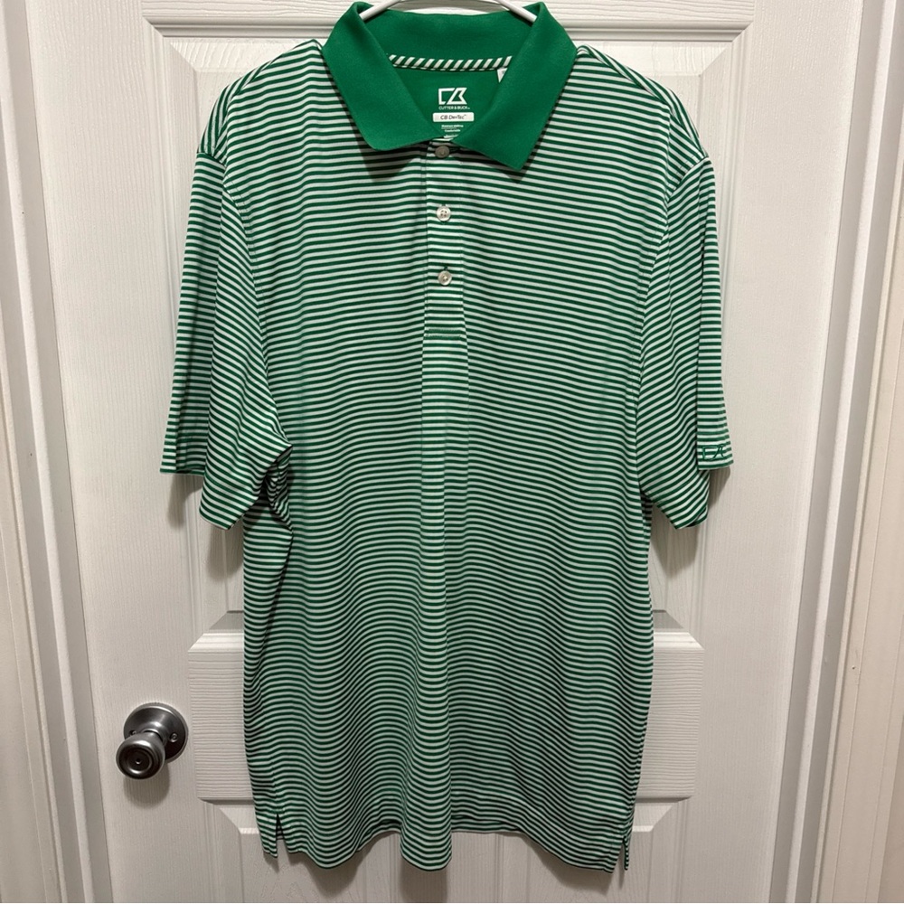 Cutter & Buck CB DryTec Green White Striped Polo Pullover Golf Shirt-Men's XL
